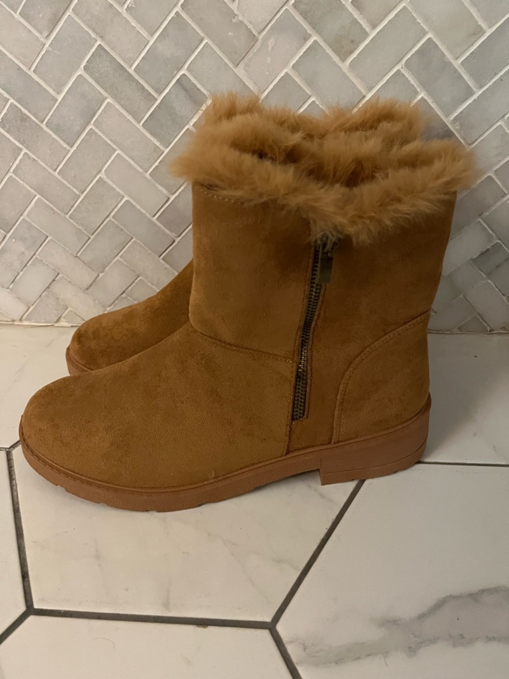 Olivia Miller Chestnut Brown Faux Fur Trim Winter Boots